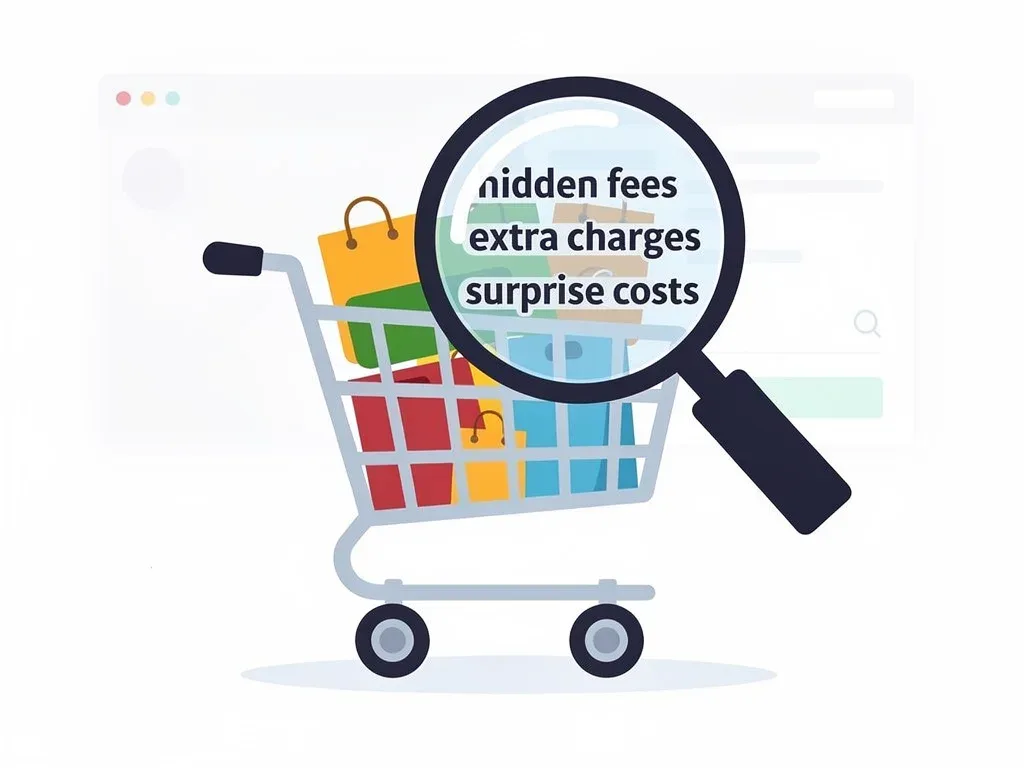 Magnifying glass examining hidden fees in an online shopping cart, symbolizing new transparency rules.