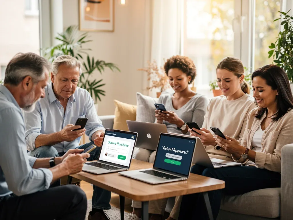 Consumers happily reviewing online purchases, benefiting from transparent pricing regulations.