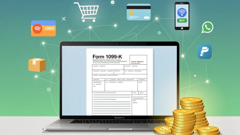 IRS 1099-K form on laptop with coins, representing tax reporting for online sellers.