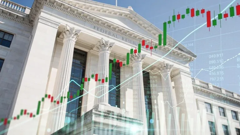 Federal Reserve building and financial data representing capital reserve changes.