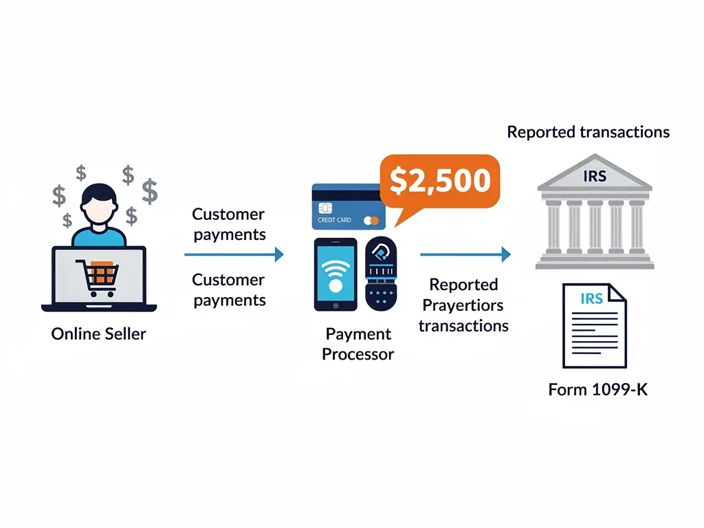 Diagram showing online transaction flow, payment processor, and IRS 1099-K reporting threshold.