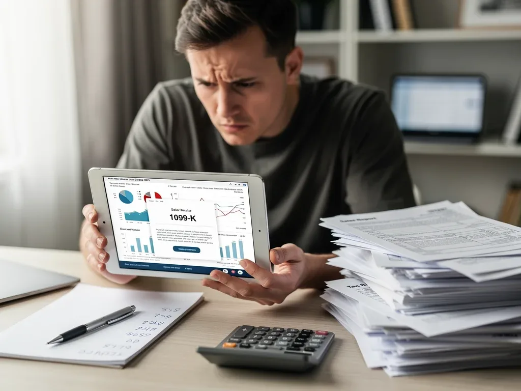 Individual reviewing financial data and 1099-K form, focusing on tax compliance for online sales.